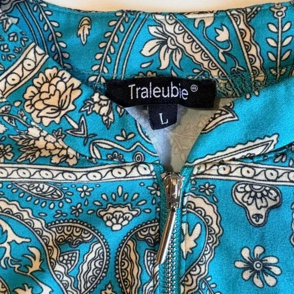 Traleubie Turquoise Paisley Zip Tunic Top whimsigoth Swing Blouse L - Picture 3 of 8